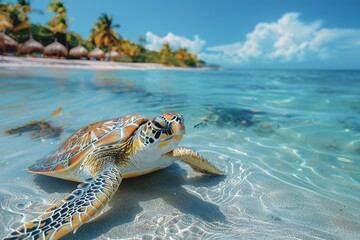 Obraz premium Stunning image of a sea turtle on a sandy beach with crystal clear waters and palm trees framing the beautiful tropical setting