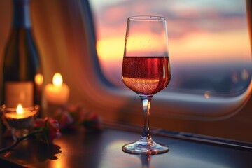 Toasting to a journey, this image captures a flute of sparkling champagne on a plane with a backdrop of dusk hues