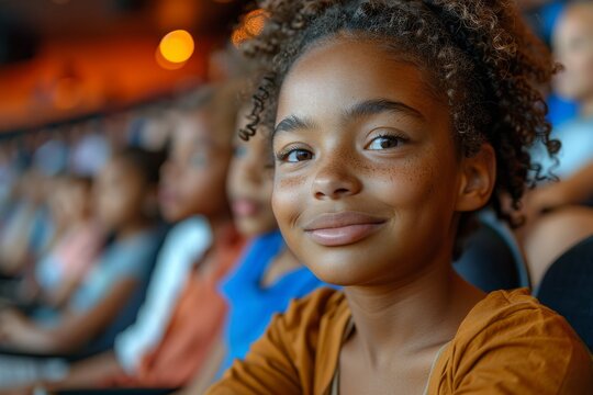 A happily smiling young girl attending a public event with a diverse audience in the background, sharply focused