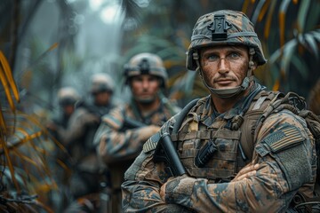 Fototapeta premium A group of military personnel with focus on the leading soldier, equipped in camouflaged gear, in a tropical jungle setting