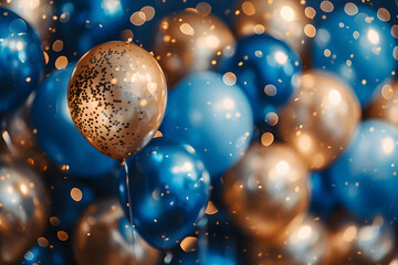 Obraz na płótnie Canvas A vibrant and cheerful image of golden and blue balloons, perfect for celebration and party decorations.