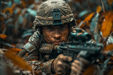 A soldier wearing full combat gear aims a weapon amidst dry foliage, camouflaged in nature