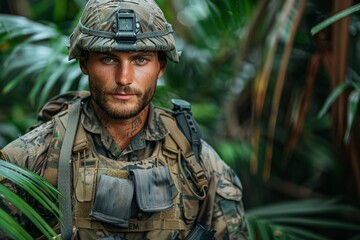 Confident soldier standing among tropical foliage, sporting full camouflaged attire and equipment