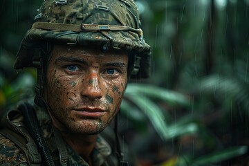 Fototapeta premium Highly detailed close-up of a soldier's face with rain drops, highlighting intense expression and camouflage makeup