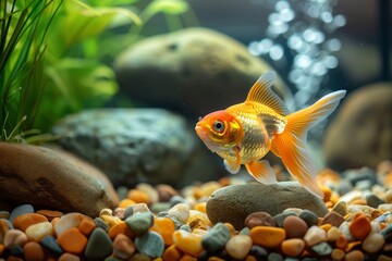 Goldfish elegance. Gliding through a verdant aquarium