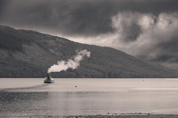 Black and white steam boat on Coniston Lake District