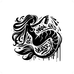mermaid silhouette, people in graffiti tag, hip hop, street art typography illustration.