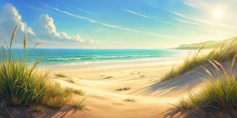 A serene beach scene with golden sand, tall grasses, and the ocean in the background under a clear blue sky.
