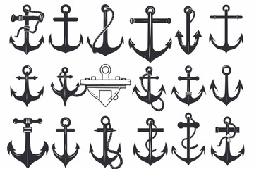 Set of Simple Various Anchor Icon Illustration Design, Silhouette of Anchor Symbol Collection Template Vector vector icon, white background, black colour icon