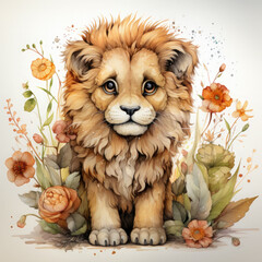 Watercolor Asiatic Lion, clipart Illustration, Generative Ai