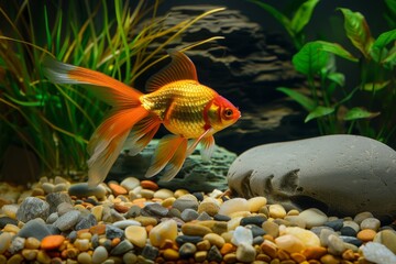 Goldfish tranquility. Calm drift among rocks and foliage