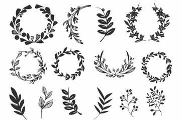 Fototapeta na wymiar set of various laurel wreath ornaments with hand drawn style vector icon, white background, black colour icon