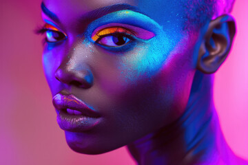 Headshot of a bald black woman with striking colorful makeup on purple studio background