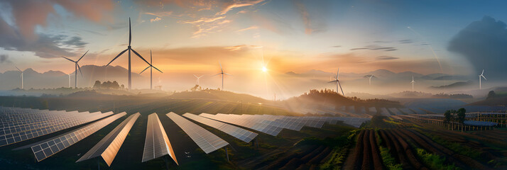 A Harmonious Depiction of Solar Panels and Wind Turbines Harnessing Renewable Energy at Sunset