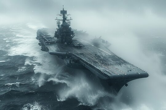 A massive military ship sails on the vast water below a misty sky