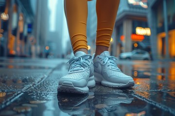 A person in white sneakers and yellow leggings stands on wet pavement