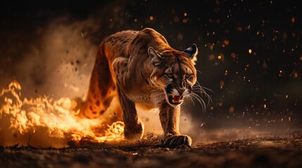 Beautiful big puma with fire on black background. Wildlife scene. Angry big cat in fiery ambience.