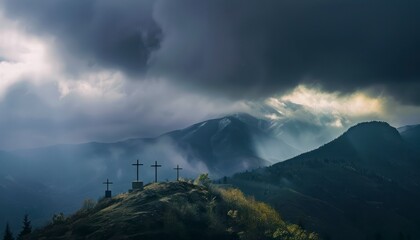 Fototapeta premium The Christianity themed on a background with dramatic at dawn, the spirit of preaching the Gospel throughout the world. A beautiful sea of ​​clouds, dark clouds and sky and sunbeams