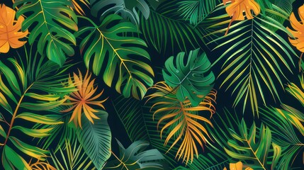 Trendy seamless tropical pattern with exotic leaves and plants jungle