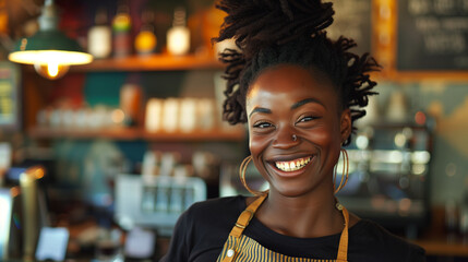 Happy young black african american female coffee barista smiling in independent coffee shop. supporting small businesses during recession. Copy space - Powered by Adobe