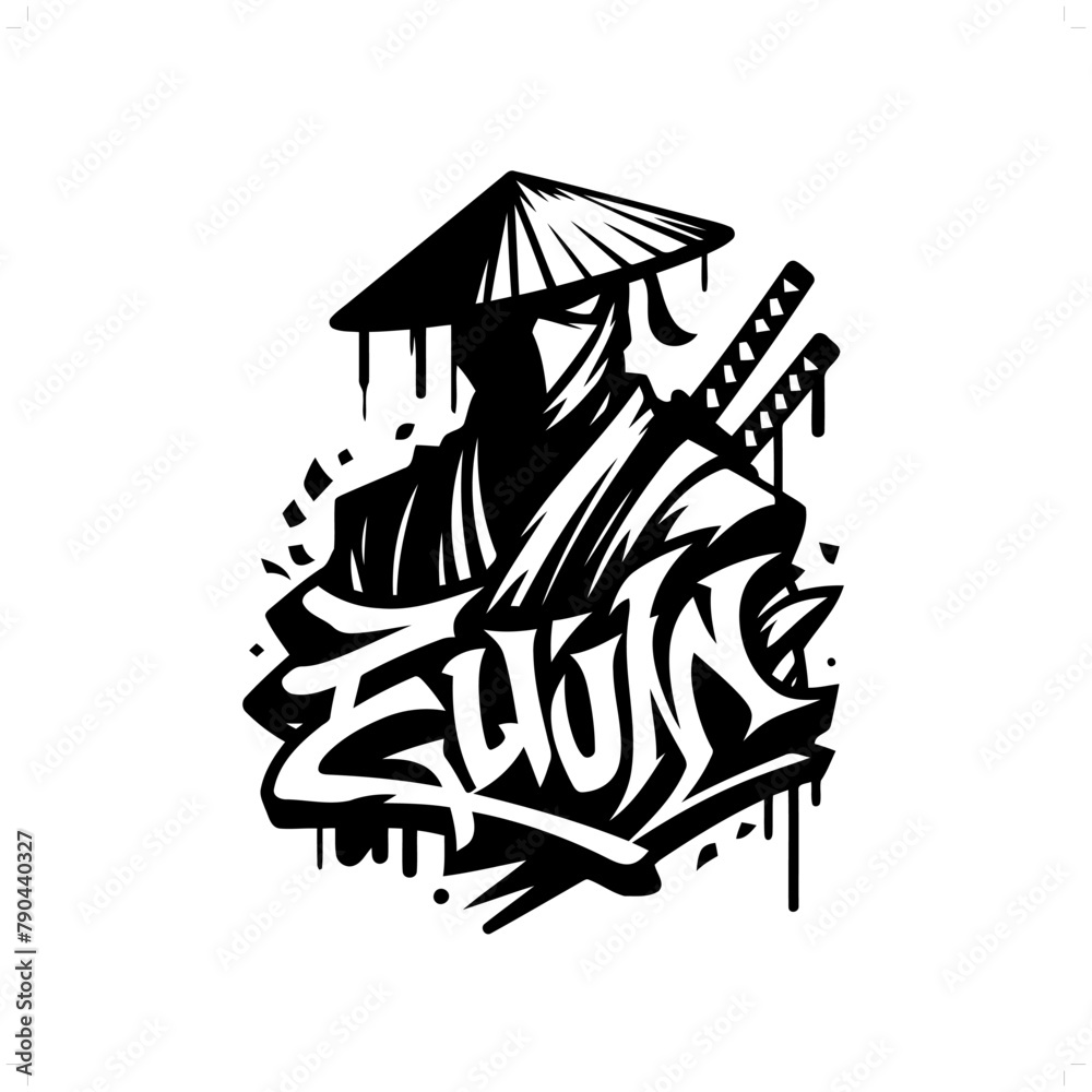 Wall mural samurai silhouette, people in graffiti tag, hip hop, street art typography illustration.