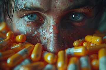 a close up of a man s face surrounded by pills