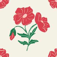 Red textured vintage flower seamless repeat pattern with cream background
