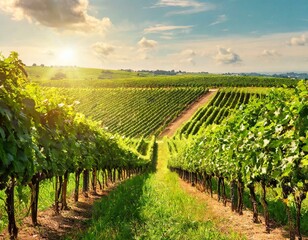A serene countryside scene, with rows of vineyards stretching towards the horizon, their lush green...
