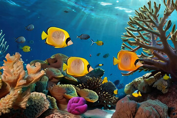 Fototapeta na wymiar Dive into a vibrant underwater world with colorful tropical fish and coral reef scene. Perfect for travel and ocean exploration concepts.