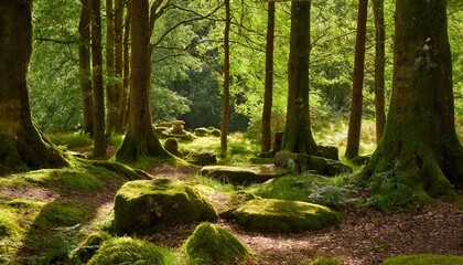 secluded forest glade bathed in dappled sunlight, where moss-covered stones provide inviting seats for quiet contemplation amidst towering trees.