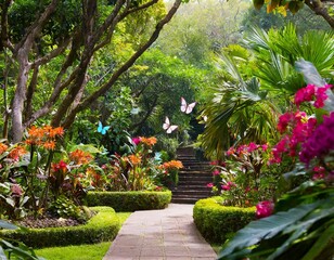 A tranquil botanical garden bursting with colors, where exotic blooms perfume the air and butterflies dance among lush foliage.