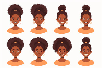 Set of young African American woman character on white background. Happy black girl vector icon, white background, black colour icon