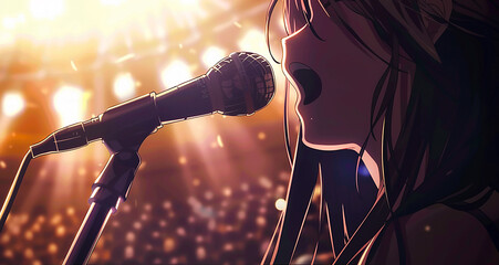 Cartoon image of female idol singer on stage.