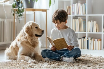 Boy schoolchild reads book for dog. Reading to specially trained dog in library. Photo of child and his animal companion helping him develop reading skills. Designed for children with disabilities. - 790443172