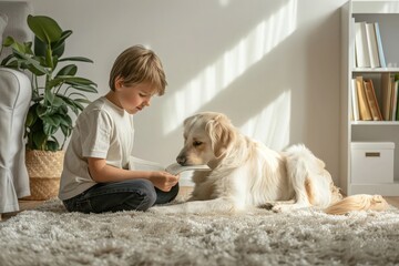 Boy schoolchild reads book for dog. Reading to specially trained dog in library. Photo of child and his animal companion helping him develop reading skills. Designed for children with disabilities. - 790443173