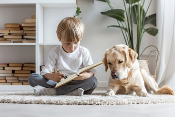 Boy schoolchild reads book for dog. Reading to specially trained dog in library. Photo of child and his animal companion helping him develop reading skills. Designed for children with disabilities. - 790443174