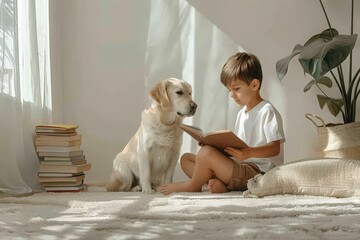 Boy schoolchild reads book for dog. Reading to specially trained dog in library. Photo of child and his animal companion helping him develop reading skills. Designed for children with disabilities. - 790443176