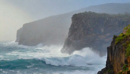 A windswept coastal cliff, battered by crashing waves and shrouded in mist blown in from the...
