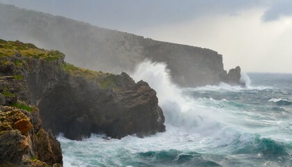 A windswept coastal cliff, battered by crashing waves and shrouded in mist blown in from the tumultuous sea.