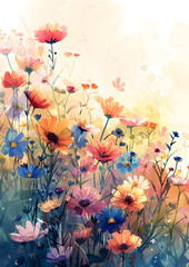 Vibrant flower field painted on white canvas, showcasing creative botanical art