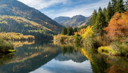 Fototapeta na wymiar A tranquil lake nestled within a verdant valley, its mirror-like surface reflecting the surrounding mountains clothed in a tapestry of fall colors.