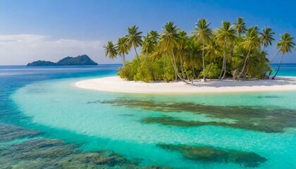 A remote island paradise, fringed by palm trees swaying in the gentle ocean breeze, with powdery white sands lapped by turquoise waters.