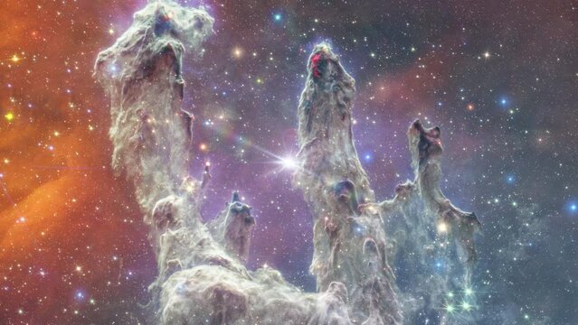Space Travel to Pillars of Creation. Space Flight to star field Galaxy and Nebulae deep space exploration.Elements furnished by NASA image.