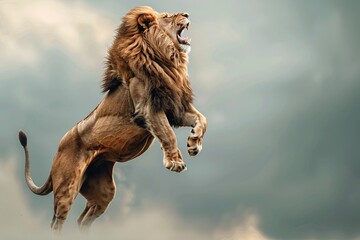 Roaring male lion in a jump. Selective focus. © vachom