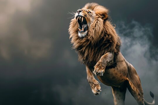 Roaring male lion in a jump. Selective focus.