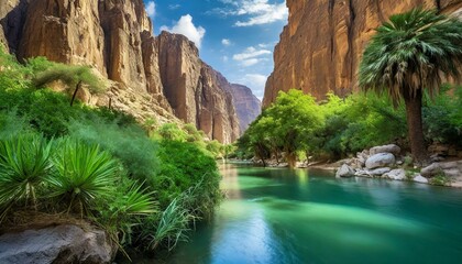 A serene canyon oasis, where a ribbon of emerald river winds through towering rock walls,...