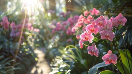 Vivid pink orchids flourishing in a lush garden, delicate petals stretching towards the sun