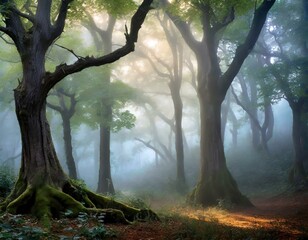 A mystical forest shrouded in fog, where ancient trees loom like silent sentinels amidst the ethereal haze of dawn.
