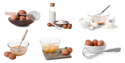 Whisks and different ingredients isolated on white, collection