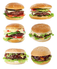 Burgers with delicious patties isolated on white, set